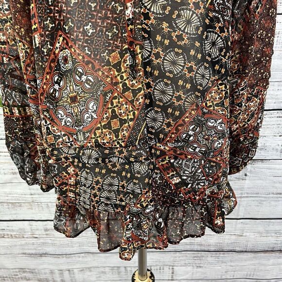 Miss Me Blouse Tunic size Small Black Brown Retro Sheer Ruffles Boho Peasant - Picture 8 of 13